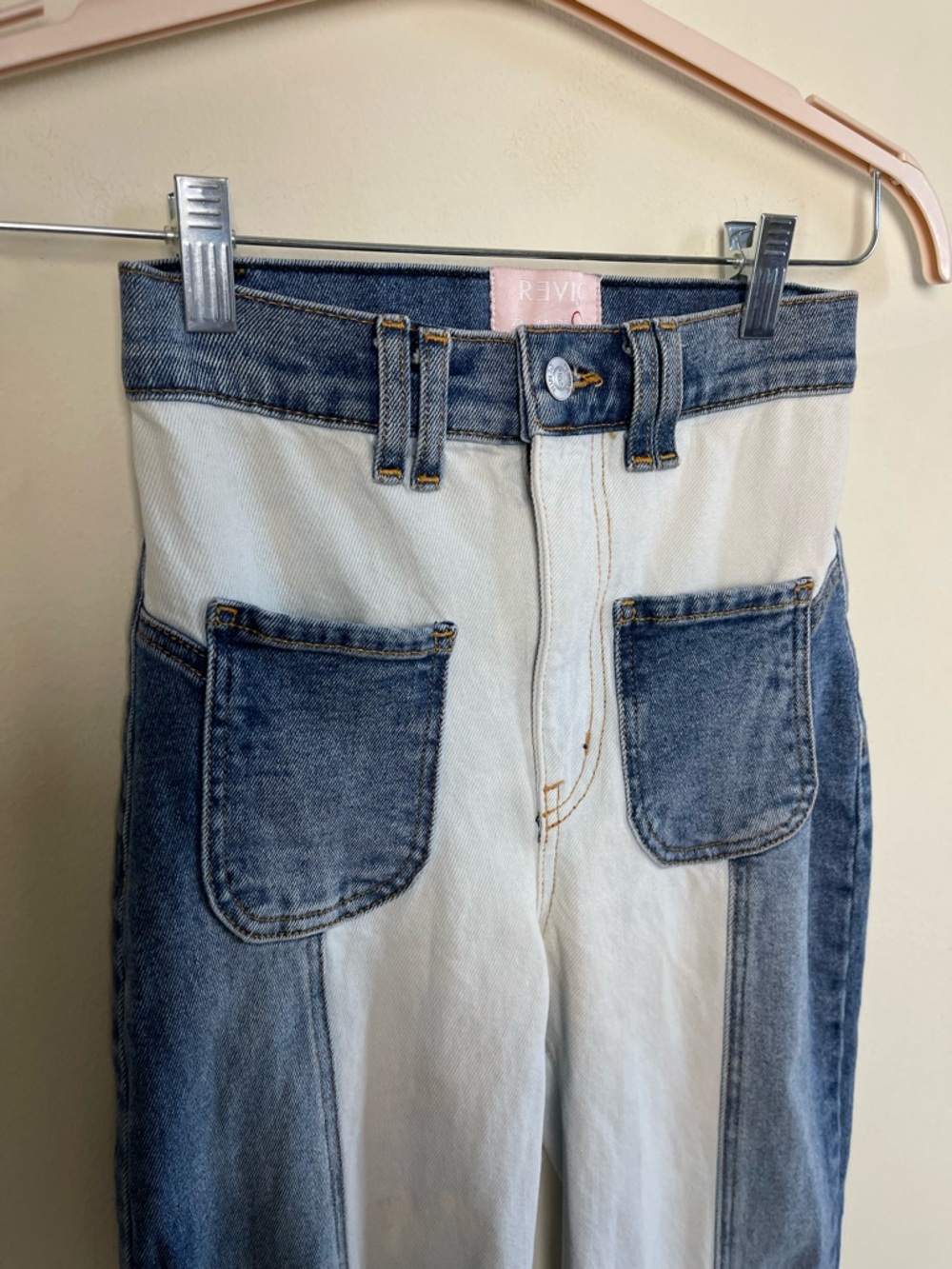 REVICE Two-Tone Flare Jeans in Blue and Cream - Picture 2 of 8